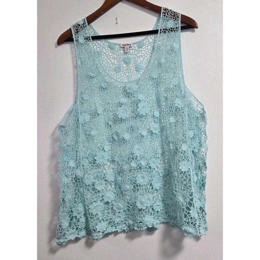 Bongo Plus Tanktop Womens 1X Blue Sheer Crochet‎ Open Knit Boho Festival Beach